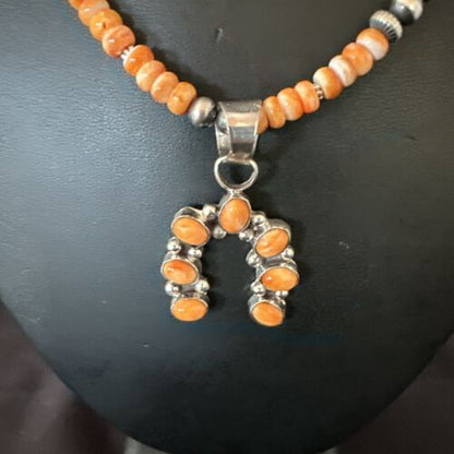 Navajo Orange Spiny Oyster Inlay Naja Pendant | Sterling Silver | Authentic Native American Handmade | 17428