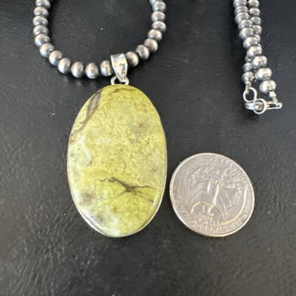Navajo Green Gaspeite Pendant Necklace | Sterling Silver | Authentic Native American Handmade | 15482