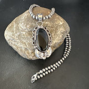 Men's Navajo Pearls Black Onyx Necklace Pendant | Sterling Silver | Authentic Native American Handmade | 16534