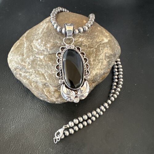 Men's Navajo Pearls Black Onyx Necklace Pendant | Sterling Silver | Authentic Native American Handmade | 16534