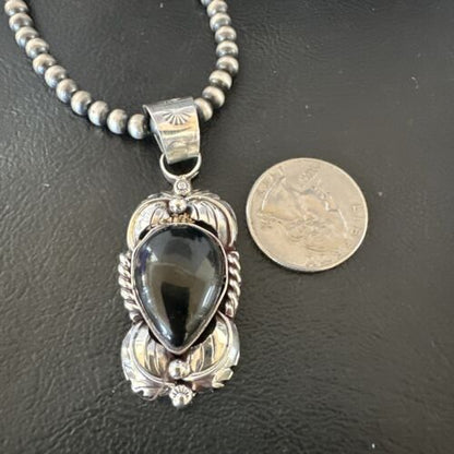 Native American Men's Pendant | Navajo Pearls | Sterling Silver Black Onyx Necklace | 16132