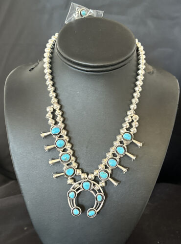 Navajo Kingman Turquoise Squash Blossom Necklace | Sterling Silver | 17" | Authentic Native American Handmade | 16110