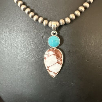Navajo Wild Horse Blue Kingman Turquoise Necklace | Sterling Silver | Authentic Native American Handmade | 17318
