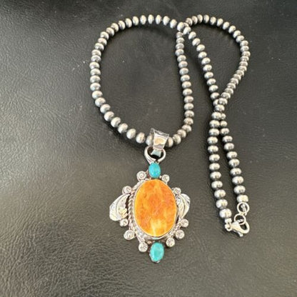 Navajo Orange Spiny Oyster Blue Turquoise Pendant Necklace | Sterling Silver | 20" | 16459