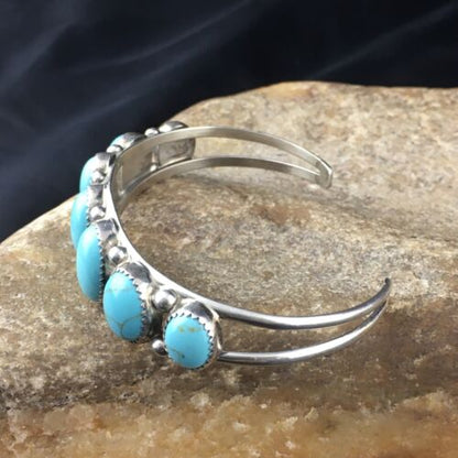 Navajo Sterling Silver Bracelet | Kingman Turquoise | Multi-Stone 7-Stone | Authentic Native American Handmade