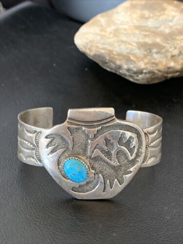 Navajo Sterling Silver Cuff Bracelet | Blue Kingman Turquoise | Men's | Authentic Native American Handmade