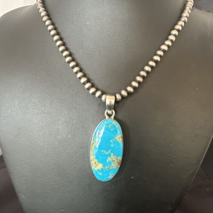 Navajo Blue Kingman Turquoise Pendant Necklace | Sterling Silver Pearls | 20" | 16685