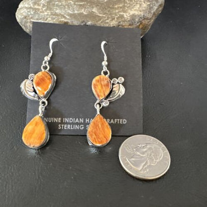 Navajo Orange Spiny Oyster Dangle Earrings | Sterling Silver | 1.5" | Authentic Native American Handmade | 16566