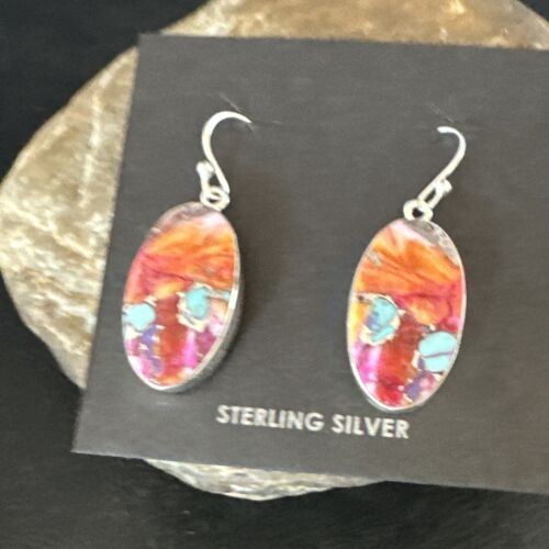Navajo Blue Turquoise Red Spiny Oyster Inlay Dangle Earrings | Sterling Silver | Authentic Native American Handmade | 15562 - Masha USA