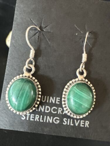 Navajo Green Malachite Dangle Earrings | Sterling Silver | Authentic Native American Handmade | 14923