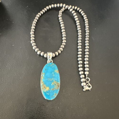 Navajo Blue Kingman Turquoise Pendant Necklace | Sterling Silver | 20" | Authentic Native American Handmade | 16686
