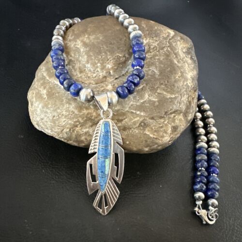 Navajo Blue Denim Lapis Feather Pendant Necklace | Sterling Silver Inlay | Authentic Native American Handmade | 16767