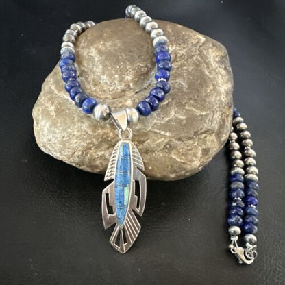 Navajo Blue Denim Lapis Feather Pendant Necklace | Sterling Silver Inlay | Authentic Native American Handmade | 16767