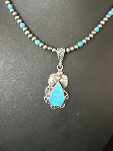 Navajo Pearls Kingman Turquoise Pendant Necklace | Sterling Silver | Authentic Native American Handmade | 14893