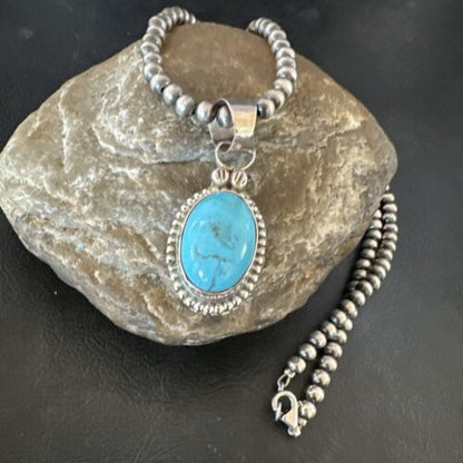 Navajo Pearls Kingman Turquoise Pendant Necklace | Sterling Silver | Authentic Native American Handmade | 17134