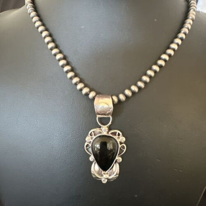Navajo Pearls Black Onyx Necklace Pendant | Sterling Silver | Authentic Native American Handmade | 16532