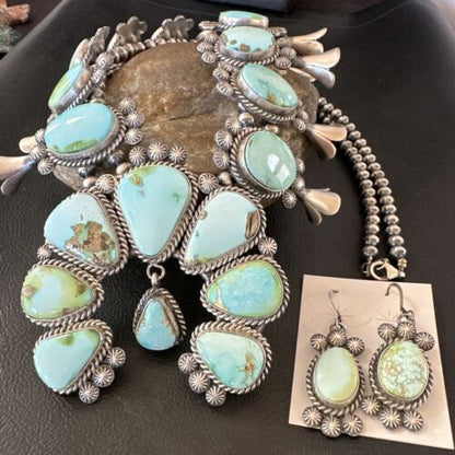 Royston Turquoise Navajo Squash Blossom Necklace & Earrings | Sterling Silver | Native American Handmade | 16536