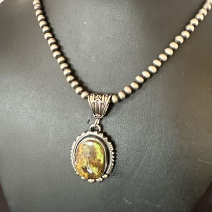Navajo Green Gaspeite Pendant Necklace | Sterling Silver | Authentic Native American Handmade | 17425
