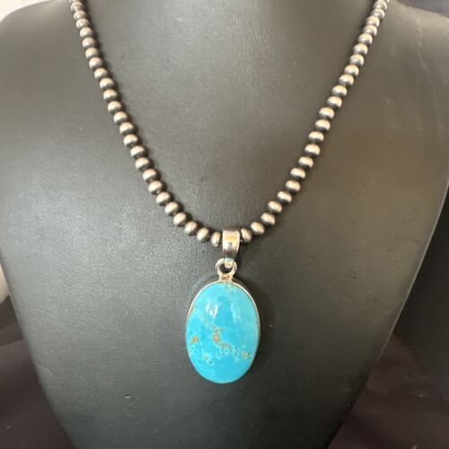 Navajo Blue Kingman Turquoise Pendant Necklace | Sterling Silver | 20" | Authentic Native American Handmade | 16687