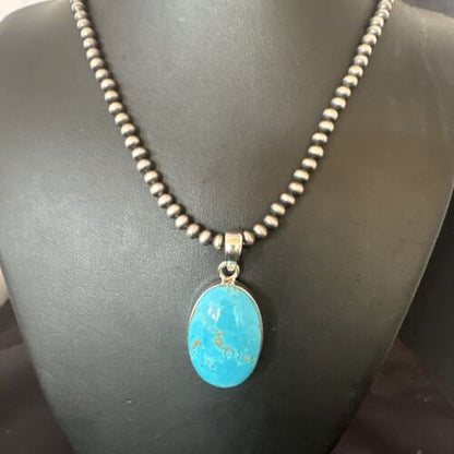 Navajo Blue Kingman Turquoise Pendant Necklace | Sterling Silver | 20" | Authentic Native American Handmade | 16687