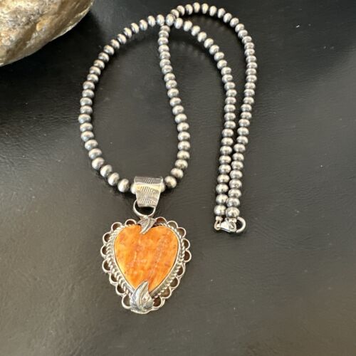 Navajo Orange Spiny Oyster Heart Pendant Necklace | Sterling Silver | Authentic Native American Handmade | 16294 - Masha USA