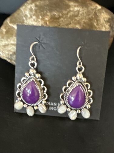 Navajo Purple Sugilite White Mother of Pearl Earrings | Sterling Silver | 1" | Authentic Native American Handmade | 15334