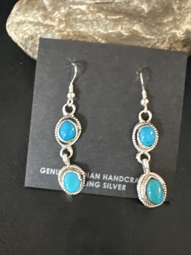 Kingman Turquoise Dangle Earrings | Navajo Handmade | Sterling Silver | Authentic Native American | 14868