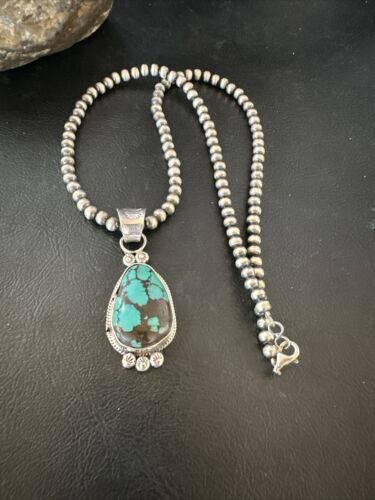 Navajo Blue Spiderweb Turquoise Pendant Necklace | Sterling Silver | Authentic Native American Handmade | 17117