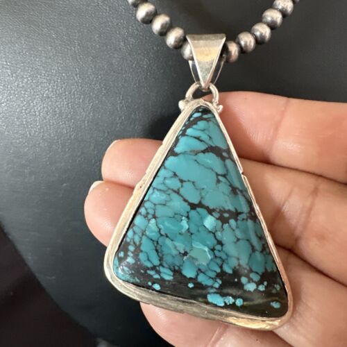 Men's Navajo Blue Spiderweb Turquoise Pendant Necklace | Sterling Silver | Authentic Native American Handmade | 16214