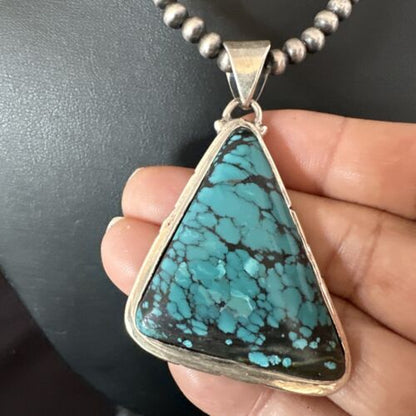 Men's Navajo Blue Spiderweb Turquoise Pendant Necklace | Sterling Silver | Authentic Native American Handmade | 16214