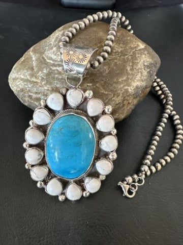 Blue Turquoise White Cluster Pendant Navajo Sterling Silver Necklace 17391