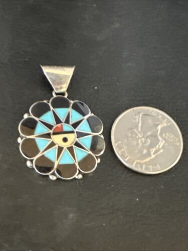 Zuni Sun Face Pendant | Turquoise, Mother of Pearl, Onyx Inlay | Sterling Silver | Native American Handmade | 15180