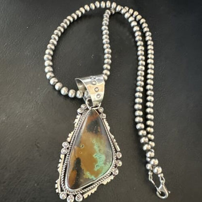 Men's Navajo Green Turquoise Pendant Necklace | Sterling Silver | Authentic Native American Handmade | 17530