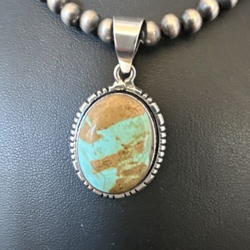 Navajo Blue Turquoise #8 Pendant | Sterling Silver Necklace with Pearls | Authentic Native American Handmade | 16353 - Masha USA