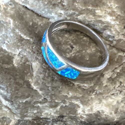 Navajo Blue Opal Inlay Ring | Sterling Silver | Sz 8 | Authentic Native American Handmade | 17155