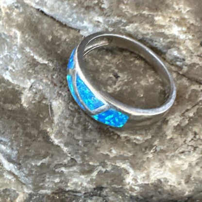 Navajo Blue Opal Inlay Ring | Sterling Silver | Sz 8 | Authentic Native American Handmade | 17155
