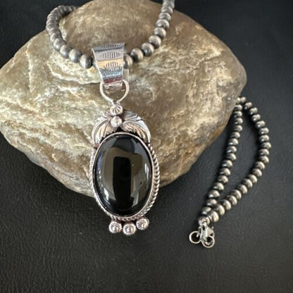Men's Navajo Pearls Necklace with Black Onyx Pendant | Sterling Silver | Authentic Native American Handmade | 15367
