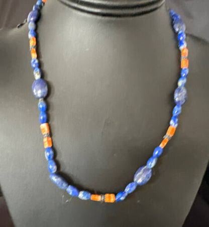 Men's Lapis Lazuli Spiny Oyster Necklace | Navajo Sterling Silver | 18" | Authentic Native American Handmade | 15265
