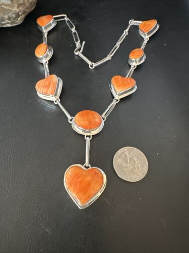 Navajo Lariat Necklace with Orange Spiny Oyster Earrings | Sterling Silver Pendant | 19" | Authentic Native American Handmade | 14955