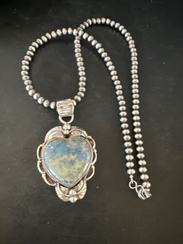 Men's Blue Heart Denim Lapis Pendant | Navajo Pearls Sterling Silver Necklace 21" | 15522