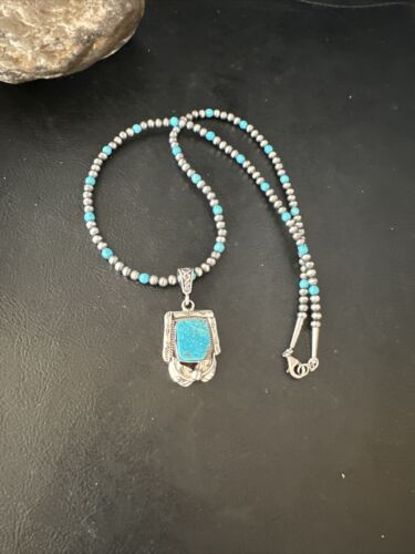 Navajo Pearls Kingman Turquoise Necklace | Sterling Silver | Authentic Native American Handmade | 14895 - Masha USA