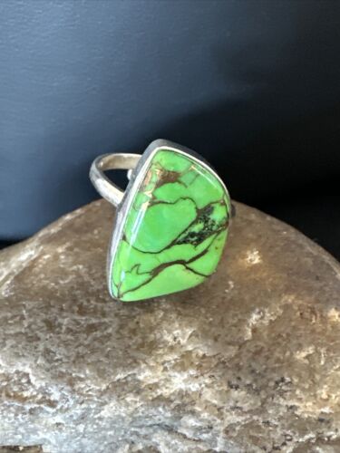 Navajo Green Mojave Turquoise Adjustable Ring | Sterling Silver | Sz 9 | Authentic Native American Handmade | 15928