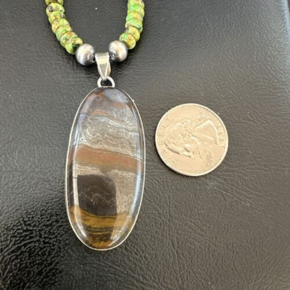 Navajo Green Turquoise Jasper Pendant | Sterling Silver Necklace | Authentic Native American Handmade | 17053