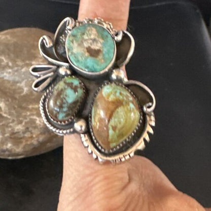 Navajo Green Turquoise Cluster Ring | Authentic Native American Sterling Silver | Multi-Stone | Sz 9 | 14841