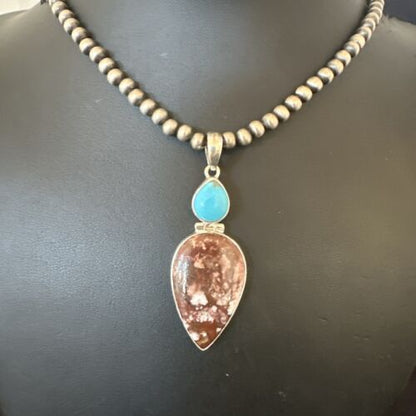 Navajo Wild Horse | Blue Kingman Turquoise Necklace | Sterling Silver | Authentic Native American Handmade | 17311