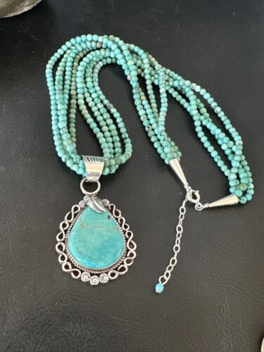 Blue Turquoise Pendant | Navajo Pearls | Sterling Silver Bead Necklace 17" | Multi-Strand | 15993