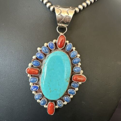 Navajo Blue Kingman Turquoise Coral Lapis Pendant Necklace | Sterling Silver | 17150