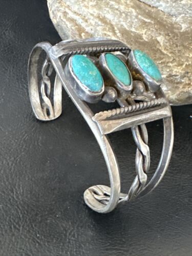 Women's Navajo Sterling Silver Cuff Bracelet | Blue Arizona Turquoise | 3 Stone | 16430