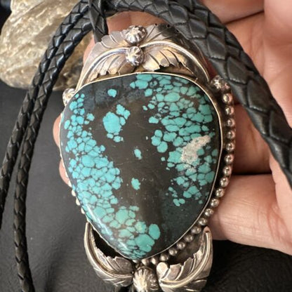 Men's Blue Spiderweb Turquoise Bolo Tie | Navajo Sterling Silver | Authentic Native American Handmade | 15012