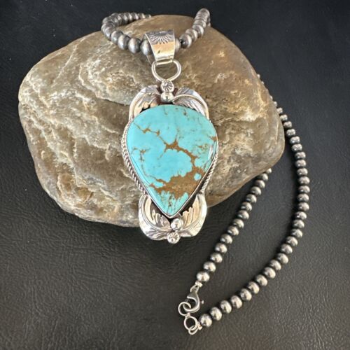 Navajo Blue Turquoise #8 Pendant | Sterling Silver Pearls Necklace | Authentic Native American Handmade | 15443